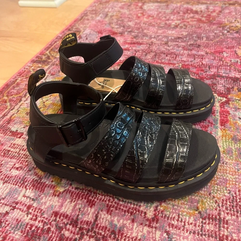 Dr. Martens Black Strappy Platform Sandals with Yellow Stitching - Picture 2 of 6